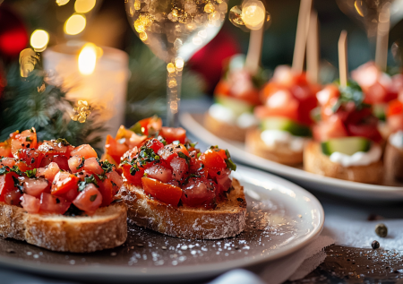 Две бюджетные, но очень красивые закуски к Новому году: брускетта с помидорами и канапе с колбасой