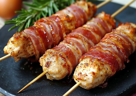 Грудка плюс то, что есть под рукой! Через 20 минут уже едим — сочное «эскимо» в беконе: и закуска, и горячее