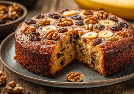 Пышный банановый пирог с орехами и изюмом — простой рецепт