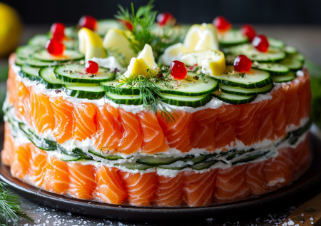 «Мимоза» и крабовый — скучно! Собираю слоеный торт с лососем и сливочным сыром — шикарно и безумно вкусно