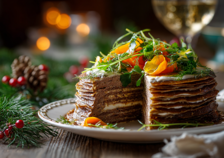 Изысканная закуска на праздник: салат-торт из печени