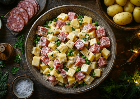 Для этого салата покупаю 2 охотничьи колбаски и варю картошку: готовим салат-выручалку. Секрет в луковой заправке