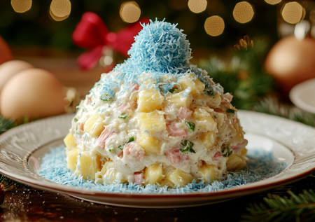 Удивляет с первого взгляда: салат «Снегурочка» с ананасами — эффектно впишется в новогодний стол