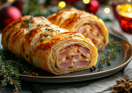 Проще закуски на новогодний стол не придумаешь: рулет из пачки теста с сыром и ветчиной