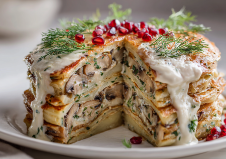 От оливье устала. Делаю закусочный торт «Темный рыцарь» с грибами и картофельными коржам — нежно и очень вкусно