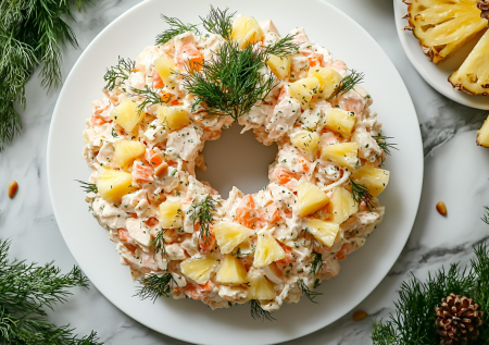 5 ингредиентов и никаких премудростей. Новогодний салат-кольцо  из курицы и ананаса — затмит оливье и крабовый!