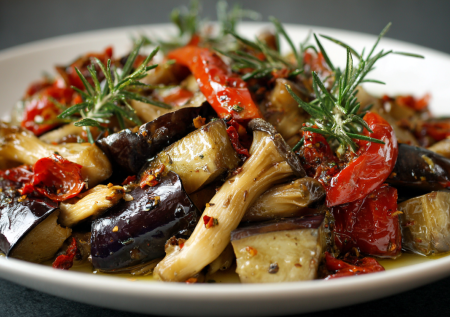 Новогодний ужин без мяса: теплый салат с баклажанами и грибами