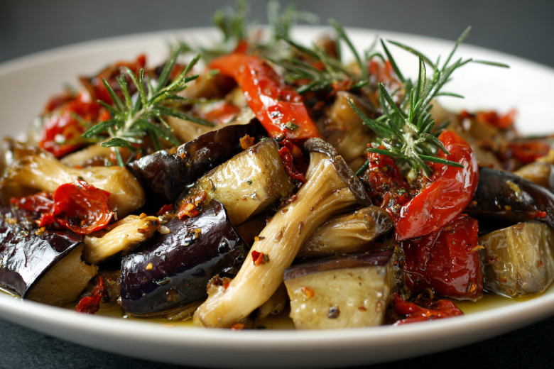 Теплые салаты на Новый год — постный вариант с баклажанами и грибами