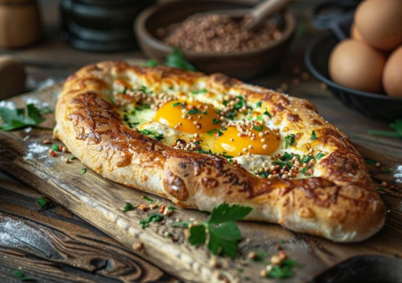 Немного сыра и горстка муки. Пеку грузинские хачапури по-аджарски. Разбиваю яйцо в лодочку из теста — завтрак за 15 минут