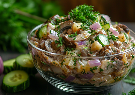 Проще пареной репы! Тёплый салат с языком, шампиньонами и солёным огурцом — мужской хит любого застолья