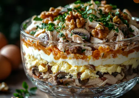 Салат, который станет звездой праздничного стола: необычное сочетание курицы, грибов и грецких орехов для тех, кто хочет удивить гостей