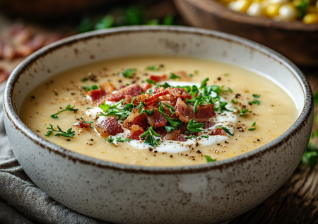 Когда надоели борщи и рассольники, сделал этот кукурузный крем-суп — нежная текстура с хрустящим беконом покорит любого