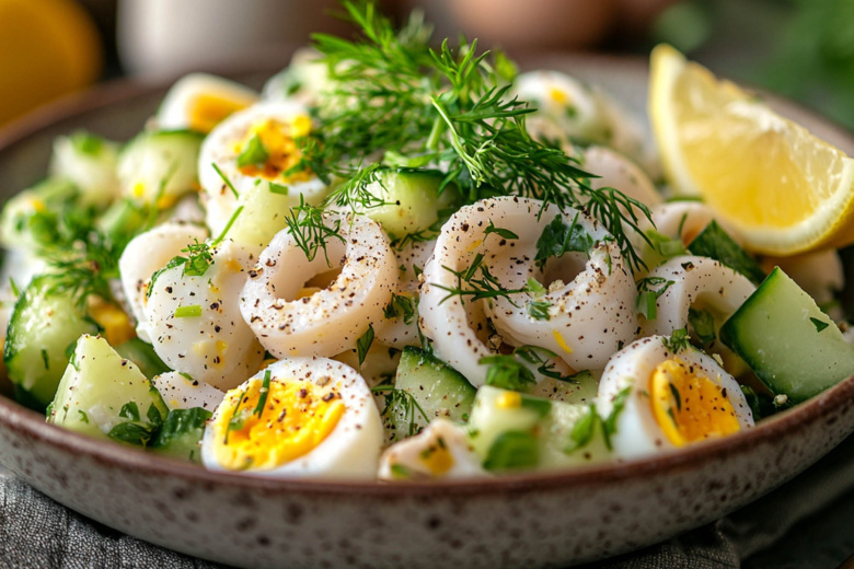 «Новогодний бриз»: салат с кальмарами и яйцами — 10 минут, и стол накрыт!