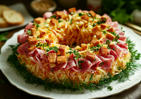 Никакой картошки, только 4 ингредиента! Салат-кольцо с пекинкой, ветчиной и сухариками на праздничный стол — вкуснее шубы и оливье