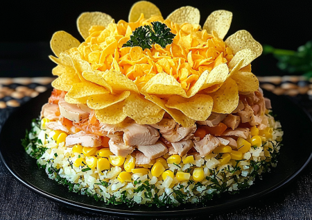 4 ингредиента и чипсы: готовим обалденный салат «Хризантема» — вкусный новогодний стол без мороки