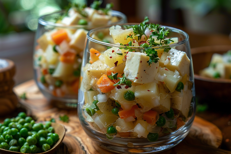 Новый взгляд на оливье: праздничный веганский салат с тофу в бокалах