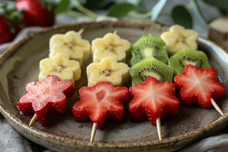 Для детей на Новый год: канапе на шпажках из банана, киви и клубники