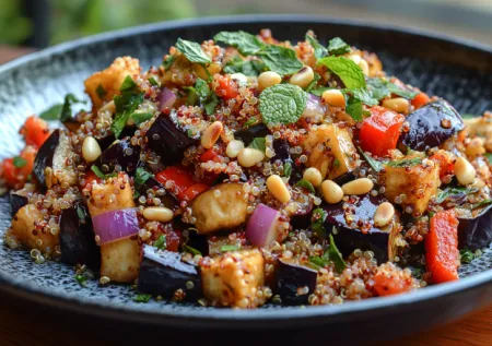 Станет любимым блюдом: теплый салат с баклажанами и брынзой