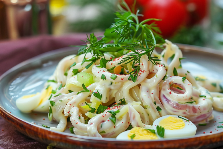 Простой салат с кальмарами по классическому русскому рецепту