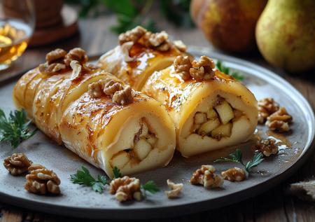 Сырная тарелка — это банально. Делаю рулетики с грушей, грецким орехом и дорблю. Изысканно, а готовится за 5 минут