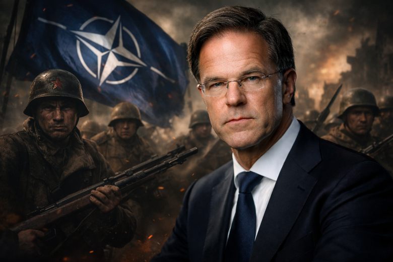 Генсек НАТО Марк Рютте в представлении ИИ на фоне солдат армии СССР