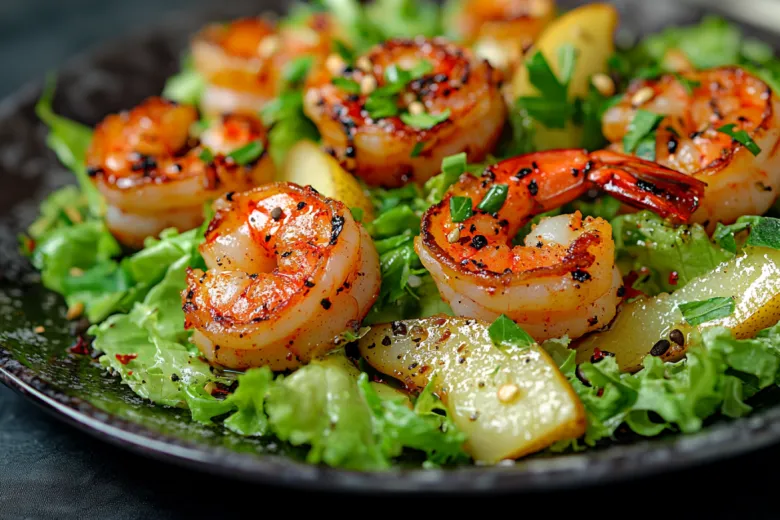 Креветки с хрустящей грушей: необычный салат за 20 минут