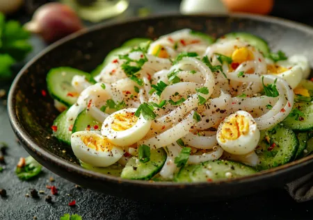 Быстрый салат с копченым кальмаром: готово за 15 минут! И никакой варки