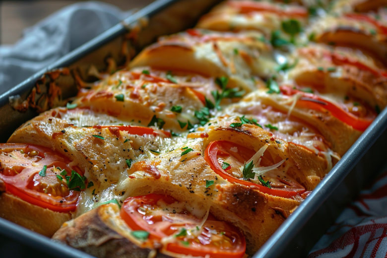 Рецепты в духовке — печем ленивый пирог из багета с помидорами