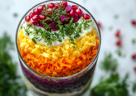 Готовим «шубку наоборот»: салат в прозрачных стаканчиках за 10–15 минут