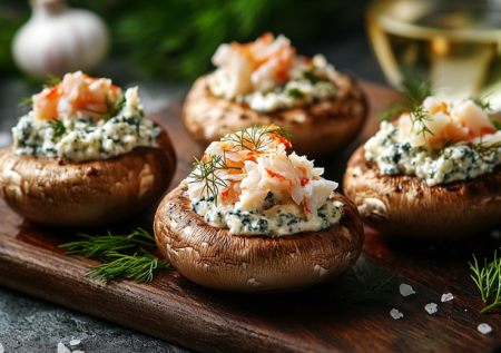 За 20 минут — 20 порций праздника. Шляпки из шампиньонов, фаршированные крабовым салатом. И горячее, и закуска