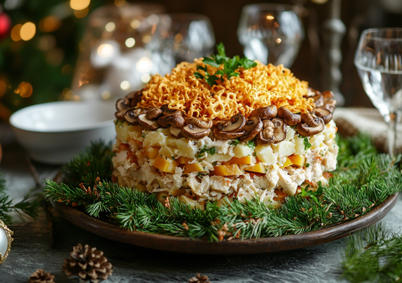 Праздничный рецепт для занятых: слоеный салат без кучи продуктов — нужны курица, грибы, сыр и яйца