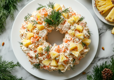 Настолько просто, что готовится быстрее, чем накрывается на стол. Салат-кольцо с курицей и ананасом. Любимая классика по-немецки