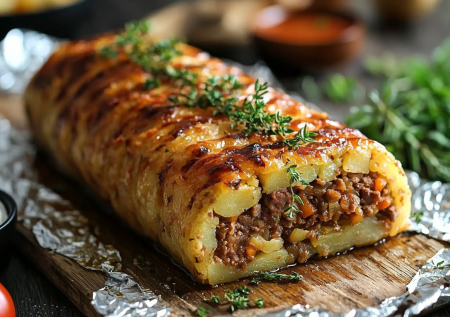 Бюджетный вариант изящного горячего на Новый год: картофельный рулет с мясной начинкой