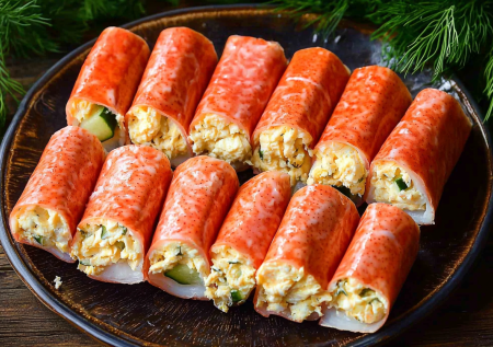 Новогодние рулетики — крутите хоть с крабовыми палочками, хоть с колбасой: съедят до боя курантов