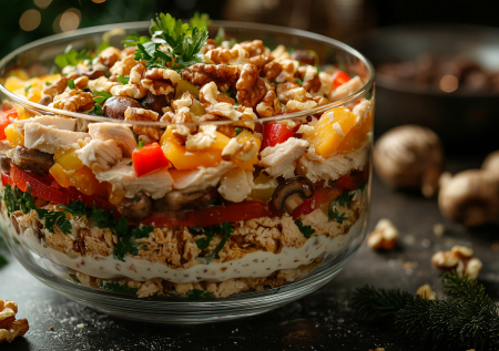 Праздничный салат без майонеза — сытное и в то же время легкое блюдо к Новому году: готовлю с чесночно-йогуртовой заправкой