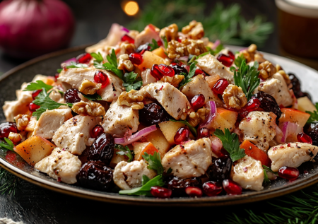 Картофельный салат делаю по-немецки. Вместо колбасы — копченая курица и чернослив. Получается ярче и ароматнее