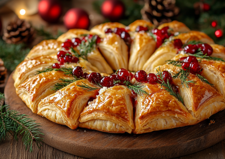 Готовлю сырный венок с вишней: начинка из бри и ягод в слоеном тесте — быстро запекается и радует гостей к Новому году
