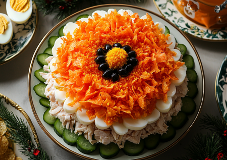 Готовлю салат «Подсолнух»: слоеная вкуснота вместо скучного оливье на праздник — яркое и сытное украшение стола