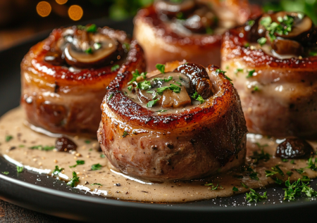 Медальоны в шубке из бекона — готовлю нежное мясо под соусом и подаю к празднику: идеально к Новому году