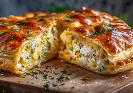 Быстрый ужин за копейки: слоеный пирог с рыбой и рисом — быстро и нежно