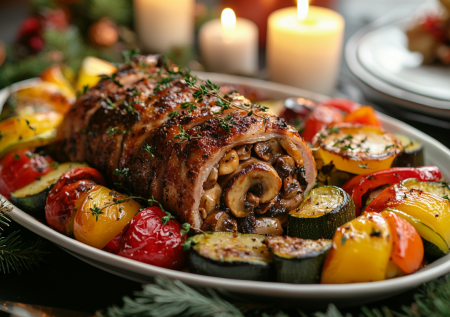Мясо и гарнир на одном противне — находка для праздничного стола: рулет с печеными овощами