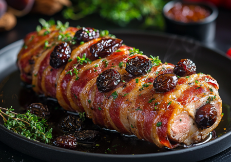 Новый год без сложных гарниров. Антрекоты в беконе с черносливом — просто, а выглядит и пахнет как в ресторане