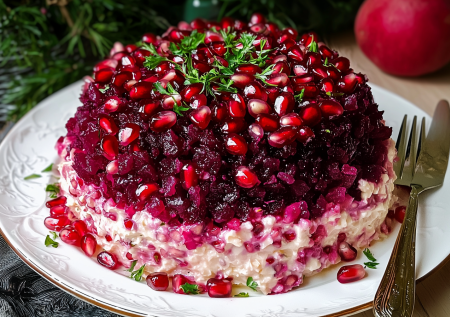 Салат «Гранатовая долька» — яркая альтернатива «Сельди под шубой»: просто готовить и эффектно подавать к празднику