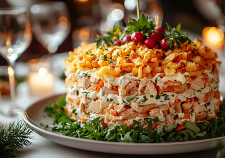 Много лет занимает достойное место на новогоднем столе: салат «Муравейник» с жареным картофелем