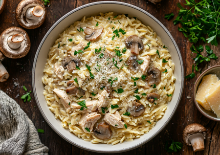 Сливочно-грибная паста орзо с курицей — сытное и нежное горячее: готовлю в одной сковороде