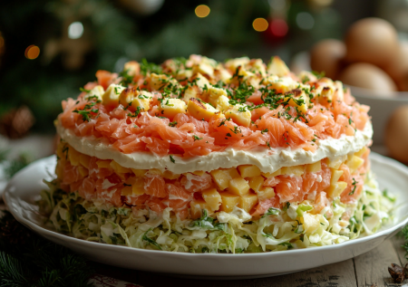 Этот вариант «Мимозы» первым заканчивается на столе: без моркови, с горбушей горячего копчения