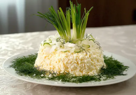 Не оливье и не закуска наспех: салат «Подснежник» без мяса, который выглядит эффектно и съедается до крошки