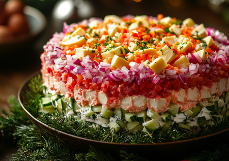 Торт-салат — смело ставьте в центр новогоднего стола: блистательно разнообразит классические блюда