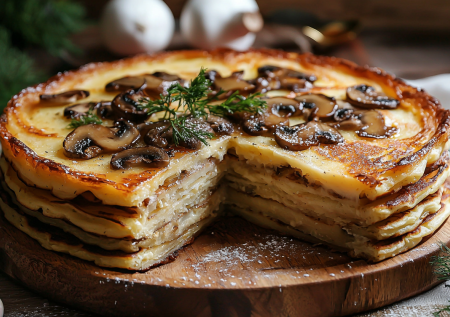 Готовлю не оливье, а новогодний блинный торт! Слоеный, с грибами и сыром — он станет новым хитом стола-2026