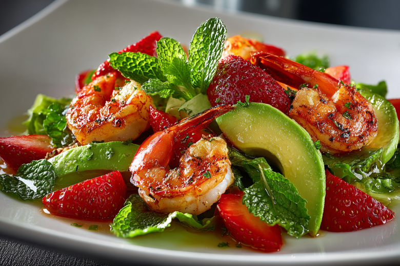 Обжариваю креветки для салата: клубника, авокадо и острый чили